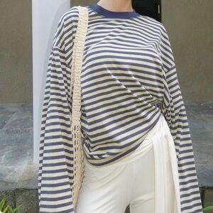 Lioness Navy and Beige Striped Long Sleeve Tee